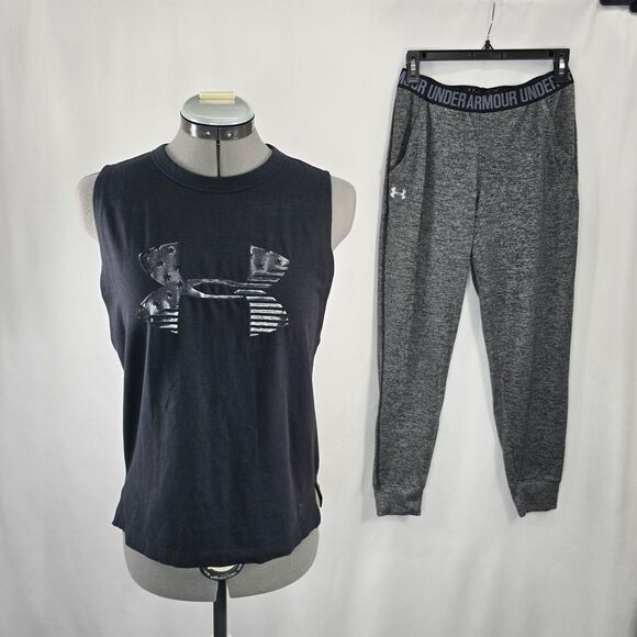 Women's Athletic Under Armour Set Joggers‎ & American Flag Tank Black Gray SZ XS - Picture 2 of 9